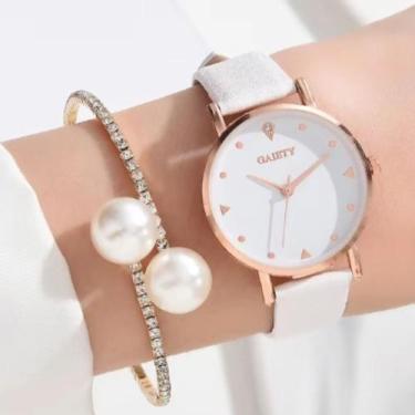 Imagem de Kit Relógio Analógico Feminino Branco Gaiety e Pulseira