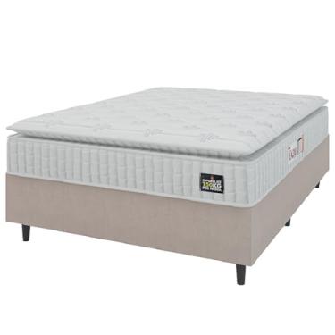 Imagem de Cama Box Casal Colchão Espuma D45 Lazio Pillow Top 138x188x62cm Suede Branco/Bege Hellen – Suporta Até 150 Kg Por Pessoa