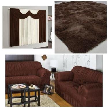 Imagem de Kit Sala Capa Sofá 2/3 Lugares + Cortina 2 m + Tapete Peludo 2,00 X 1,