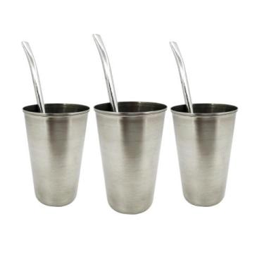Imagem de Kit Tereré 3 Copos De Inox 200ml 3 Bombas Lisa - Shopfc