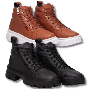 Imagem de Kit Tenis Feminino Caramelo + Bota Tratorada Preta - Fierre, 35, Preto