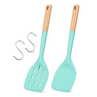 Imagem de Pacote com 2 espátulas de silicone, conjunto de utensílios de cozinha antiaderentes, cabo de aço inoxidável, espátula de cozinha para assar, misturar, grelhar, servir alimentos, resistente ao calor, ganchos que não arranham, incluídos (verde)