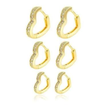 Imagem de Trio Brinco Argola Pedra Zirconia Coração Dourado F Ouro 18k - De Cast