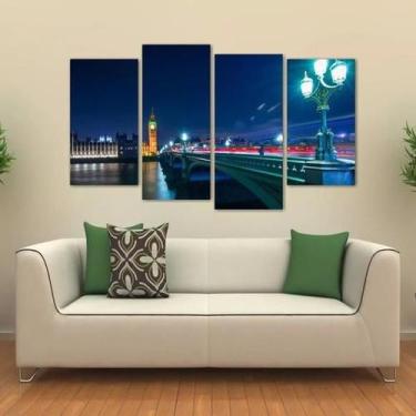 Imagem de Quadro Paisagem Noturna Londres Big Ben Em Tecido 4 Peças - Wall Frame