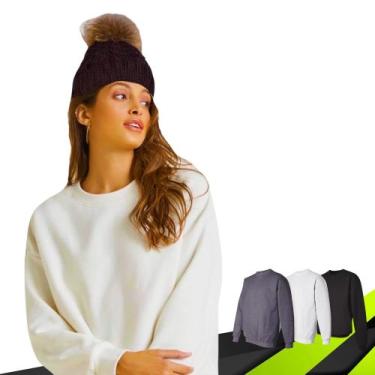 Imagem de Kit Blusa de frio Moletom GOLA CARECA sem capuz + TOUCA POMPOM Flanela