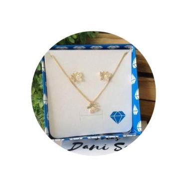 Imagem de Conjunto Colar+Brinco Borboleta Cravejado Folheado a Ouro 18k - Joias 