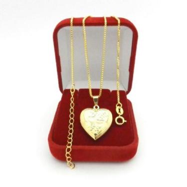 Imagem de Corrente Feminina 50cm 1mm Coração Relicário Folheado Ouro 18k CR319 -