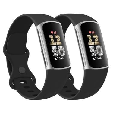 Imagem de Pacote com 2 pulseiras de silicone para Fitbit Charge 6/Fitbit Charge 5, pulseiras de substituição esportivas macias clássicas para mulheres e homens (preto + preto, pequeno)