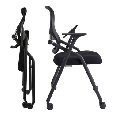 Imagem de BLANEDUO Cadeiras de sala de conferências atualizadas, cadeira de escritório dobrável com suporte lombar e apoio de braço deslizante com rodízios, cadeiras empilháveis de escritório e cadeiras de