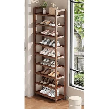 Imagem de Sapateira estreita de bambu vertical pequena prateleira de sapato de canto armazenamento de sapatos de madeira organizador de sapatos economia de espaço para armário banheiro varanda (30 cm L x 9,9 cm