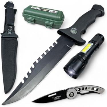 Imagem de Kit Sobrevivencia Completo Com Faca + Canivete + Lanterna Militar Tático Sabre de Luz para aventuras ao ar livre, camping e emergências. Equipamento resistente e funcional para situações extremas