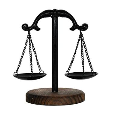 Imagem de Owlgift Bandeja de metal estilo vintage para torres de joias de libra com base de madeira organizador de cosméticos, escala de justiça para advogado, castiçal de casa de fazenda, balança de equilíbrio de peso antiga para decoração de casa – Preto