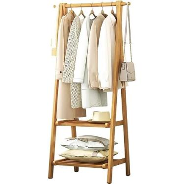 Imagem de Arara de roupas de bambu, trilho de roupas com prateleiras, suporte de casaco, trilho para pendurar roupas, leve e dobrável, organizador de roupas para entrada e quarto, cor de madeira, 66 x 40 x 160