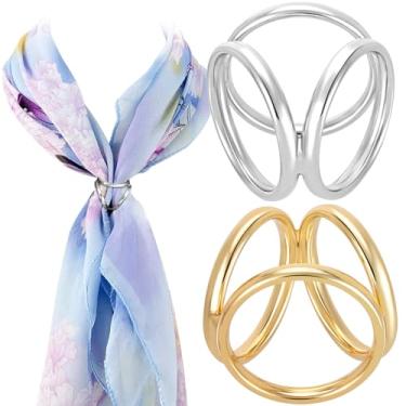 Imagem de Pndeyo 2 peças de anéis de cachecol para mulheres, 3 anéis hipoalergênicos de liga de seda fivela, anel de suporte de cachecol com fecho de xale francês para decoração de lenço de pescoço - ouro e