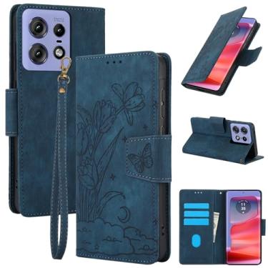 Imagem de Capa carteira de couro com padrão floral para Motorola Edge 50 Pro, com 3 compartimentos para cartão e alça de pulso para mulheres, design de TPU à prova de choque com fecho magnético (azul)