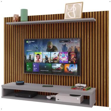 Imagem de Painel Suspenso Nairóbi Prateleira Superior Nicho Tv até 48 Polegadas Sala Estar Quarto - Ripado Freijó/Cinza - Lojas RPM