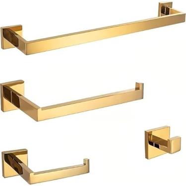 Imagem de TINICO Kit Acessórios Com 4 Peças Para Banheiro Em Aço Inox, 1× Porta-Toalhas×60cm, 1× Porta-Toalhas×24cm 1 × Porta Papel Higiênico, 1 × Ganchos,Dourado Escovado