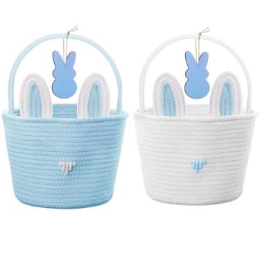 Imagem de Cesta de Páscoa para meninos, 2 peças, cesta de corda de algodão tecido de coelho azul com grama de Páscoa e etiqueta de nome personalizada de madeira, presentes de caça de ovos para crianças e bebês,
