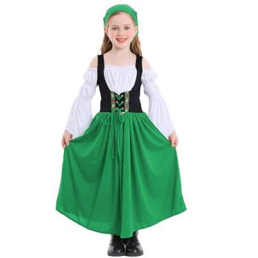 Imagem de Happy Cherry Vestido renascentista para crianças, meninas, vestido de princesa medieval, ombro de fora, manga de sino, vestido vitoriano 4-16 anos, Verde, 10-12 Years
