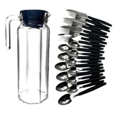 Imagem de Conjunto Talheres Inox Garfos Facas Colheres Jarra Vidro 1 Litro - ELE