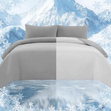 Imagem de Quataly Conjunto de edredom refrescante com lençóis e fronha, cobertor refrescante para dormir quente, gelo frio, dupla face, cinza, tamanho solteiro, 3 peças (edredom + lençol com elástico + fronha)