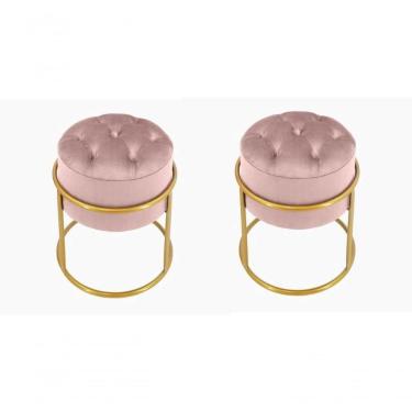 Imagem de Kit 2 Puff Banqueta Estofado Decorativo Base De Ferro Capitonê Suede Rosa Eli Móveis E Decoração