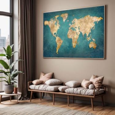 Imagem de Quadro com Moldura Sala Quarto 130x90 Mapa Mundi Verde Decorativo Horizontal Grande Hall