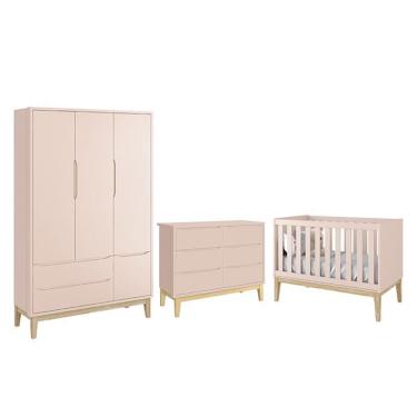 Imagem de Dormitório Completo Infantil Classic 3 Portas, Cômoda 6 Gavetas e Berço com Pés Madeira Natural - Reller Móveis Rosa Fosco