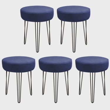 Imagem de Kit 05 Banquetas Puff Jullia Luxo 55cm Industrial Ferro Preto Corino Azul Marinho - Ahz Móveis