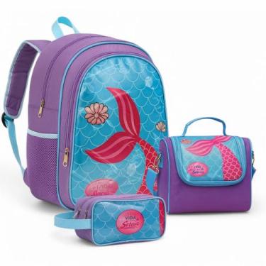 Imagem de Kit Mochila Escolar Sereia Juvenil Infantil Feminino + Lancheira Trans