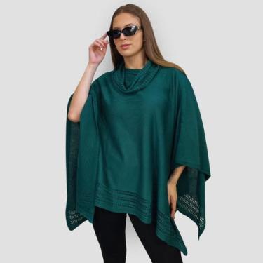 Imagem de Poncho Feminino Tricot Mousse Liso Gola Alta Casaco Inverno - GIP, Ver