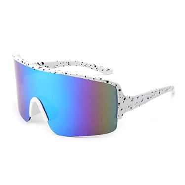 Imagem de Karsaer Óculos de sol Vision Neon Visor Shield Wrap Around para homens e mulheres, óculos de sol grandes reflexivos anos 80 e 90, Espelho azul/moldura branca manchada, Large
