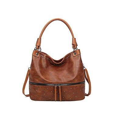 Imagem de myfriday Bolsa de ombro vintage Hobo feminina de couro macio, bolsa elegante estruturada com detalhe de rebite, Marrom, One Size