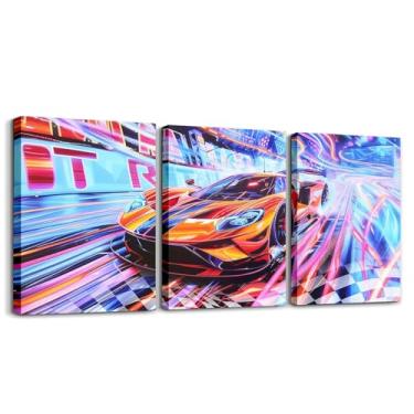 Imagem de Carro de corrida infantil arte de parede carros esportivos conjunto de 3 arte de parede para meninos adolescentes, neon, ficção científica, jogos de corrida, pôster impresso preto e branco