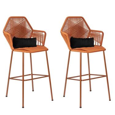 Imagem de Kit 02 Banqueta Alta Sttar Ferro Bronze Fibra Terracota Almofada Sintético Preto - Amey Decor