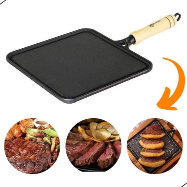 Imagem de Chapa Bifeteira Lisa Quadrada Ferro Fogão Cabo De Madeira Preto