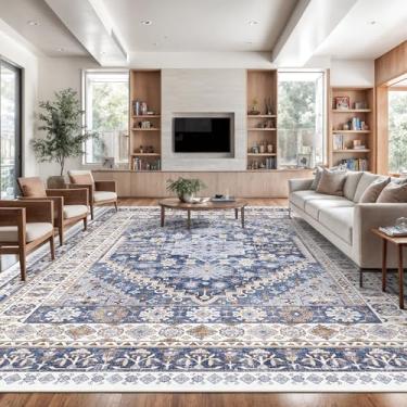 Imagem de zesthome Tapetes de área de 30 x 38 cm, grande lavável, tapetes ultrafinos resistentes a manchas para sala de estar, quarto, tapete antiderrapante para decoração de casa (azul/bege, 30 x 38 cm)