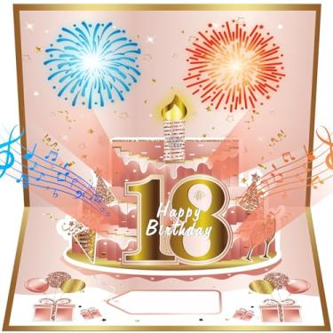 Imagem de Turypaty Sweet 18th Birthday Cards Pop Up 3D Cake - Fogos de artifício, música e vela soprar luz engraçada - Decorações de festa de 18 anos, presentes de cartão de aniversário de 18 anos para meninas
