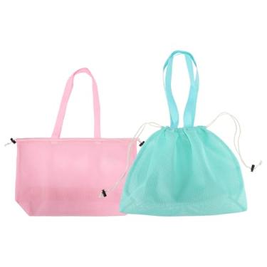 Imagem de Lyreh 2un Sacos Brinquedos Praia de Malha, Saco Praia de Malha Leve e Dobrável com Cordão para Piscina Ginásio Campismo Viagem à Beira-Mar Artigos Essenciais(Rosa e Verde)