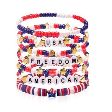 Imagem de lakayfimily Presentes de 4 de julho para homens, mulheres, adolescentes, vermelho, branco, azul, argila, contas elásticas, empilháveis, acessórios de joias patrióticas dos EUA, One Size, Poliéster