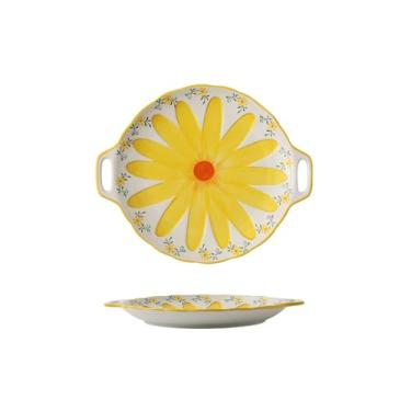 Imagem de Prato raso de orelha dupla de flor pintada à mão placa de cerâmica para café da manhã doméstico - amarelo