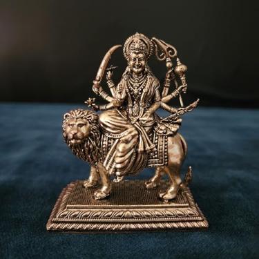 Imagem de Estátua de latão da deusa Durga no leão | Ídolo da divindade religiosa | Estatuetas indianas tradicionais para quarto Puja, casa, templo, mandir, decoração de escritório, inauguração de casa