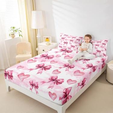 Imagem de Jogo de cama solteiro com laço e coração de amor, aquarela, rosa, ombré, para decoração de quarto de adolescentes, estilo princesa sonhadora, microfibra macia, 3D, lençol com elástico, 2 peças, sem