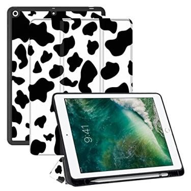 Imagem de Deokke Capa compatível com iPad de 10,2 polegadas, capa de 9ª/8ª/7ª geração (2021/2020/2019) com suporte de lápis e capa traseira de TPU macia, capa hibernar/despertar automática (padrão de vaca preta)