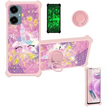 Imagem de jioeuinly Capa para celular Pinwheel Genesis 3 compatível com BLU G64 [com protetor de tela de vidro temperado][PC rígido + silicone macio][suporte para anel] [glitter dourado + luminoso] JSF-DJS