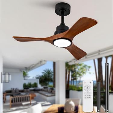 Imagem de Ventiladores de teto de 91 cm com luzes e controle remoto, ventilador de teto externo de madeira de 3 lâminas preto com luz ventiladores de teto externos para pátios, ventilador de teto de quarto para