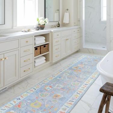Imagem de Fame Rugs Tapete Oushak moderno azul 6 cm x 18 cm, lavável vintage turco colorido oriental antigo inspirado em pequenos tapetes de corredor dobrável, sala de estar de luxo para quarto (172,8 kg, 60 cm