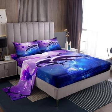 Imagem de Conjunto de lençóis de golfinho galáxia tamanho duplo costeiro ondas do oceano roupa de cama roxo flores de cerejeira mar animal lençóis para crianças meninos meninas adolescentes lua céu estrelado lençol de elástico + 1 fronha azul