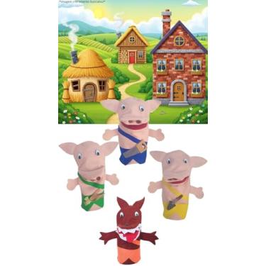 Imagem de Fantoches Historia dos Três Porquinhos e o Lobo Mau De Mão 25cm Kit Com 4 Personagens de Tecido Feltro