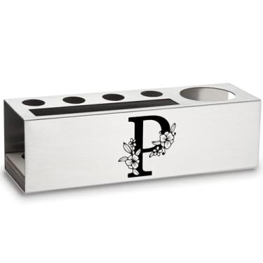 Imagem de Porta-lápis personalizado monograma letra P, presentes para trabalho, colega de trabalho, colega de trabalho, colega, escritório, decoração, acessórios, porta-canetas de aço inoxidável, Apen24